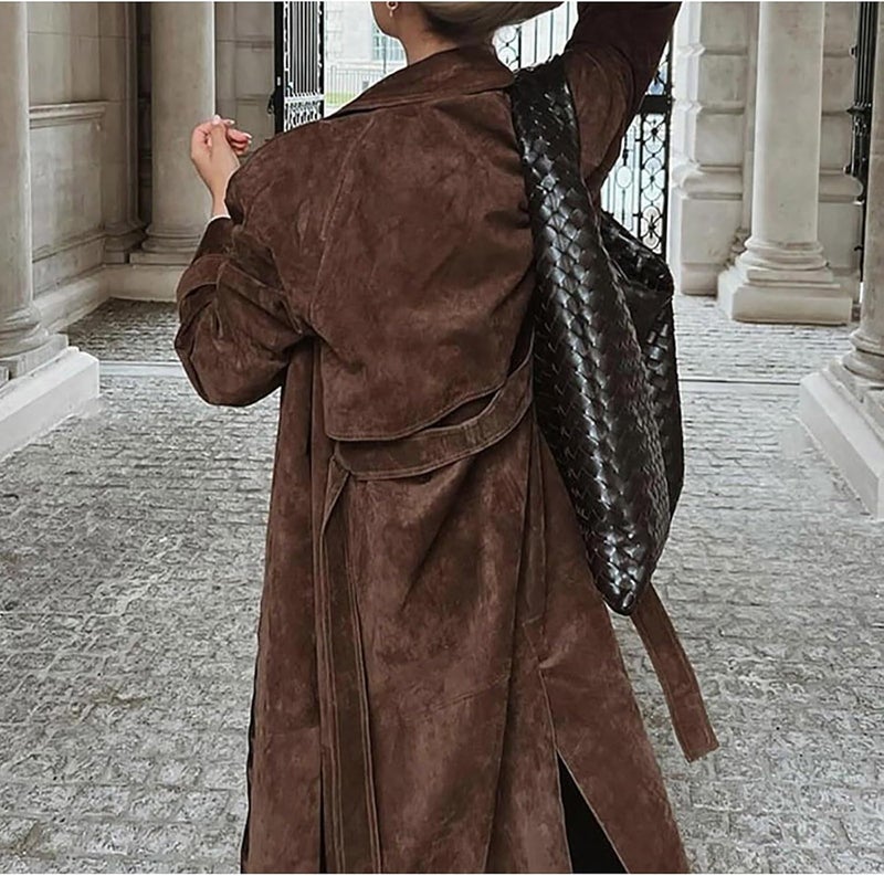 utcoco Womens Faux Suede Long Trench Coat Notched Lapel Double Breasted Pea Coat Overcoat with Belt - Image 2